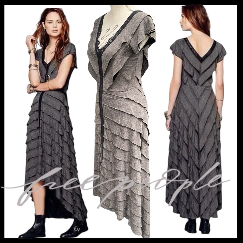 Free People Gray/Taupe Mia Waterfall Ruffle V-Neck Cap Hi-Lo Maxi Dress (XS)